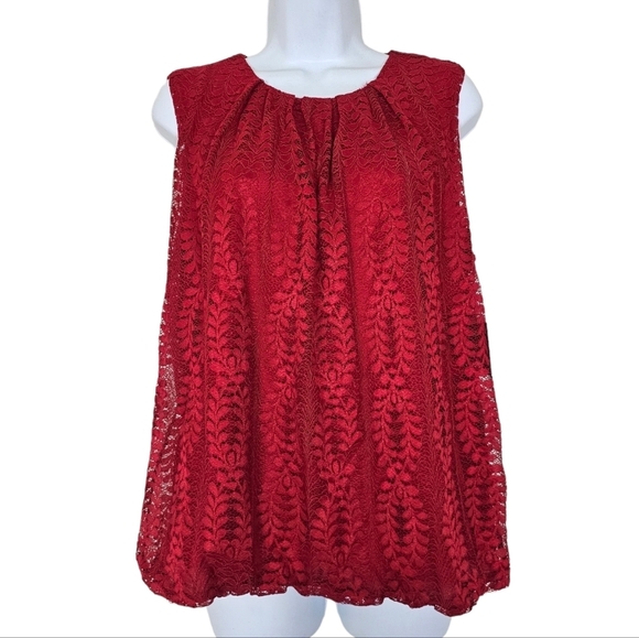 NWT Liz Claiborne Red Lace Sleeveless Bubble Hem Blouse Top Size L - Picture 1 of 11